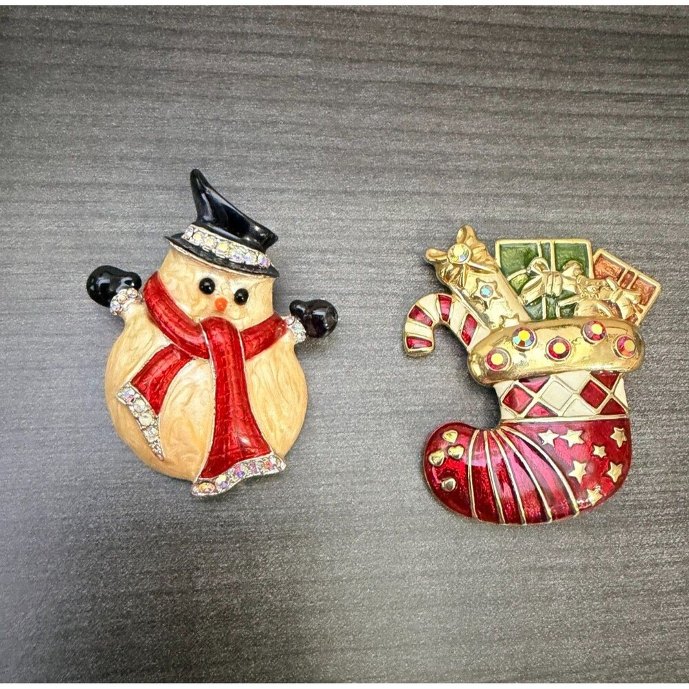 Christmas Brooch Pin Lot Snowman Stocking Gifts Rhinestone Enamel Gold Tone